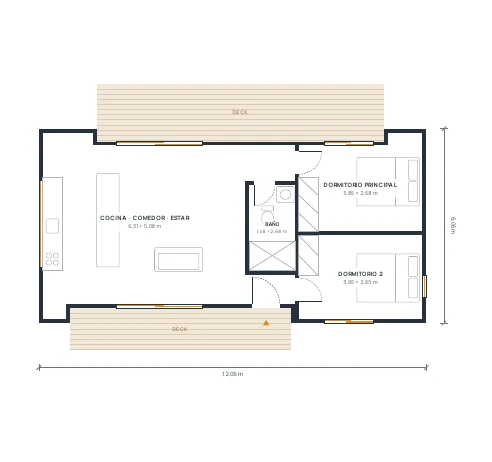 Planta arquitectónica del kit Horizonte de 65 m²
