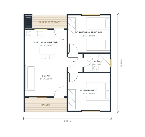 Planta arquitectónica del kit Refugio de 50 m²
